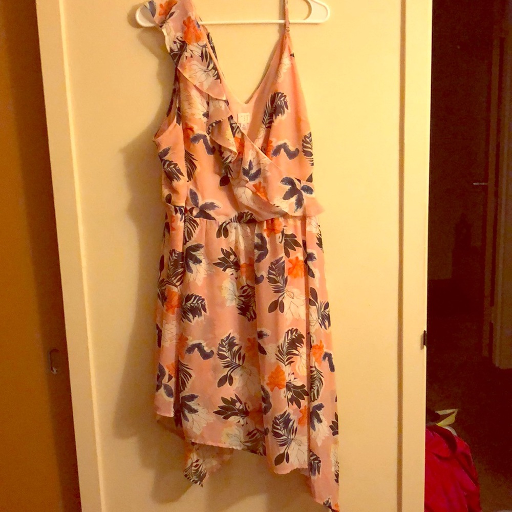 Floral dress, one shoulder detail